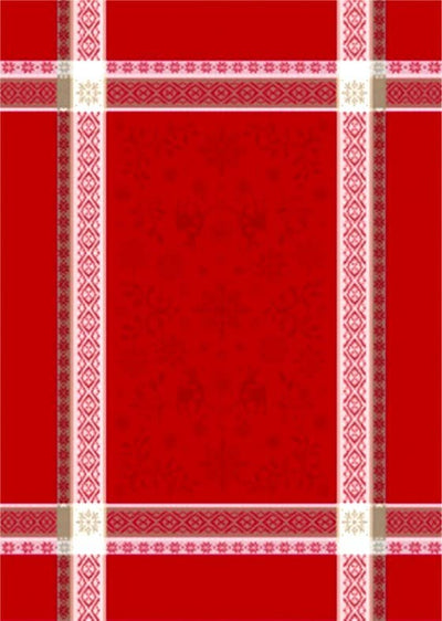 The Holiday Red Tea Towel is a 20x28 rectangular cotton towel featuring intersecting white and beige lines with diamond motifs, perfect for festive Christmas decor; includes a hanging tag for easy display.