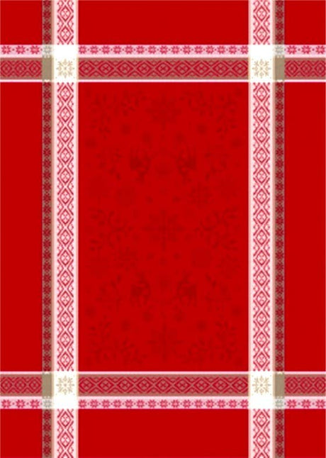 The Holiday Red Tea Towel is a 20x28 rectangular cotton towel featuring intersecting white and beige lines with diamond motifs, perfect for festive Christmas decor; includes a hanging tag for easy display.