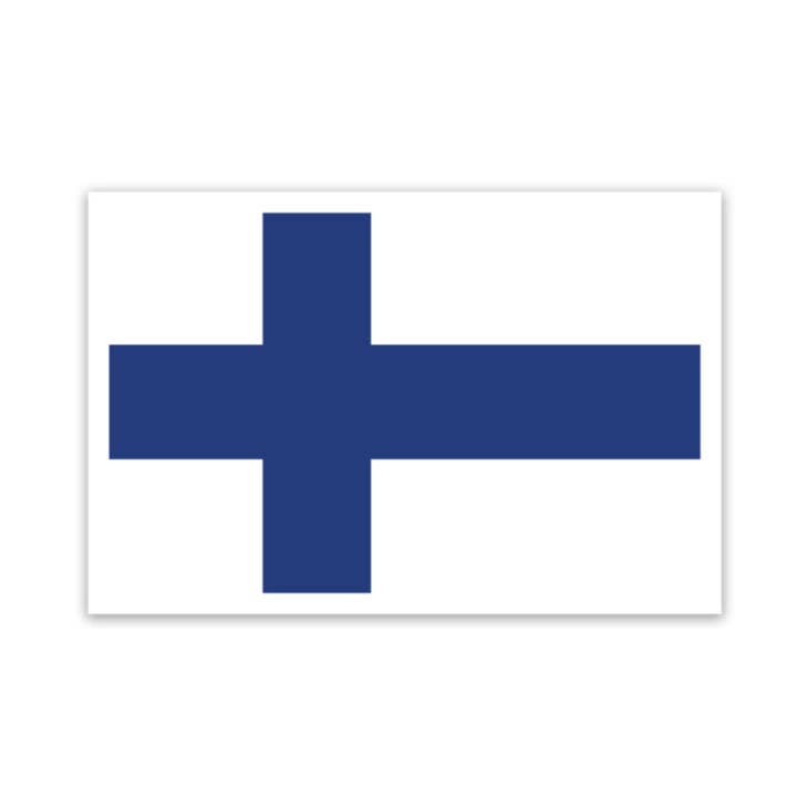 The Sticker: Finnish Flag displays a blue Nordic cross set against a white background and is crafted to be weather-proof and fade resistant.