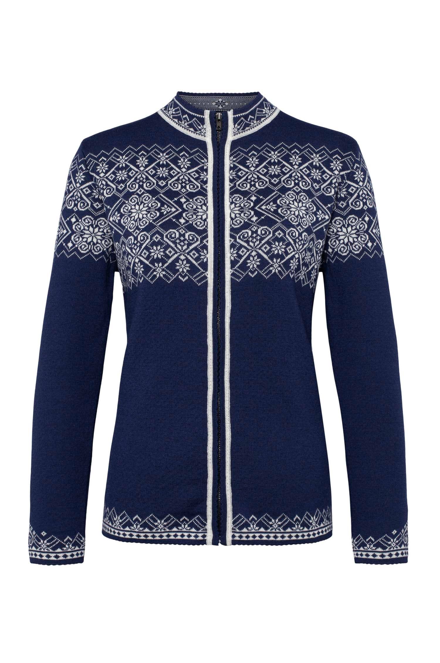 Aurora merino cardigan in navy, size large, showcases exquisite white Norwegian patterns and a zip closure, crafted from luxurious merino wool.