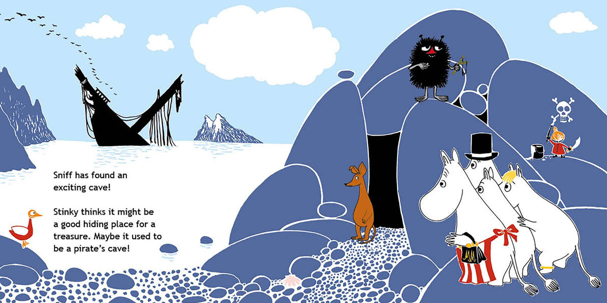 An illustration for "Book: Moominvalley Friends at the Seaside by Katariina Heilala Read and Play with Wooden Moomin Figures" shows Moomin characters near a blue rocky cave, with a lantern, pirate ship, skeleton, and animal friends nearby.