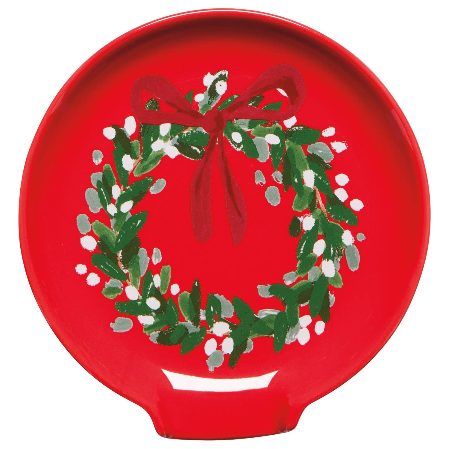 A Wreaths Christmas Spoon Rest in red stoneware showcases a decorative green wreath adorned with a red ribbon.