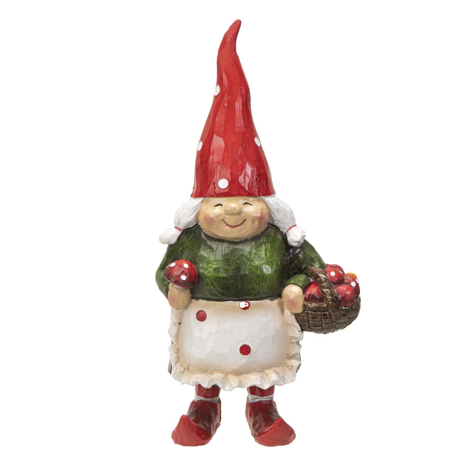 The Gnome: Granny Gnome - 9.72" is a hand-painted resin figurine featuring a granny gnome in a red hat, green shirt, white apron, and red shoes holding a basket of red mushrooms—ideal for charming woodland décor.