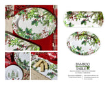 A festive Holly & Berries Holiday Serving Appetizer Tray is displayed with cookies and berries on red and white table linens, featuring holly and pine designs—perfect for serving almond cake or bread loaf.
