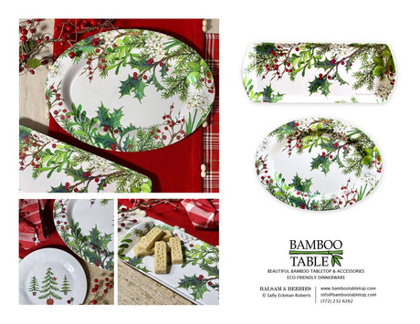 A festive Holly & Berries Holiday Serving Appetizer Tray is displayed with cookies and berries on red and white table linens, featuring holly and pine designs—perfect for serving almond cake or bread loaf.