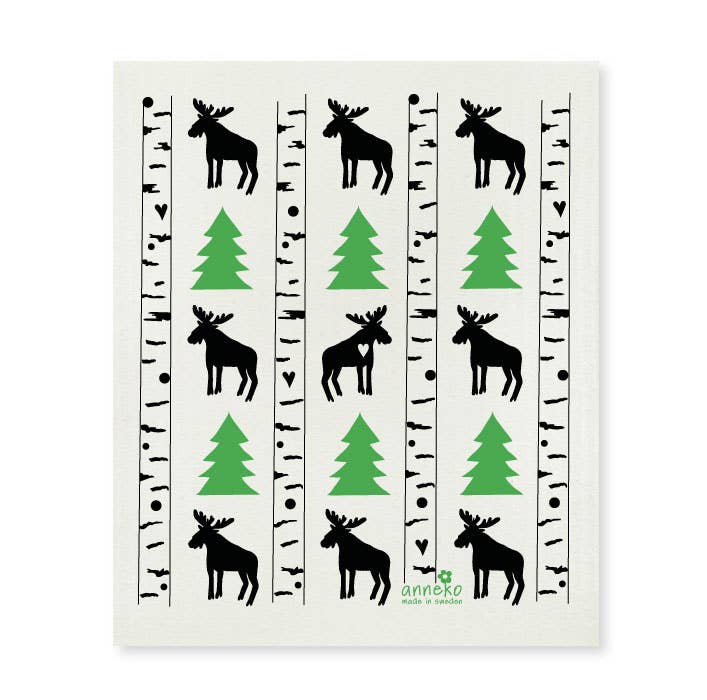 Add an eco-friendly charm to your kitchen with the Dish Cloth: Moose, showcasing a patterned design of black moose and green pine trees against a backdrop of white birch trees.