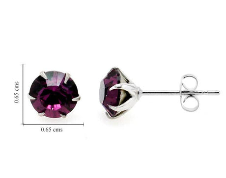 The Earrings: February Amethyst Sparkling Speck Swarovski® Crystal Stud Earrings feature round-cut amethyst crystals in white gold plated prong settings, each measuring 0.65 cm in diameter and height.