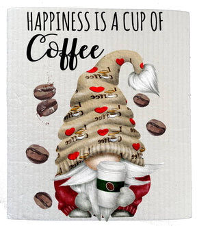 The Dish Cloth: Gnome "Happiness is Cup of Coffee" features a red-clad gnome with a coffee hat holding a cup, surrounded by beans and the text, "Happiness is a cup of coffee," for eco-friendly charm in your kitchen.