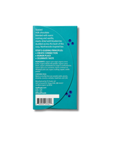 Back of a blue chocolate bar package showing wild blueberries, milk chocolate, ingredient list, company details, bean-to-bar statement, and social media handle.