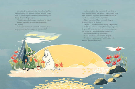 An illustration inspired by Last Dragon in Moominvalley by Tove Jansson shows Snufkin and Moomintroll fishing by a riverbank with red flowers under a yellow sky, capturing the magic of the book’s world.