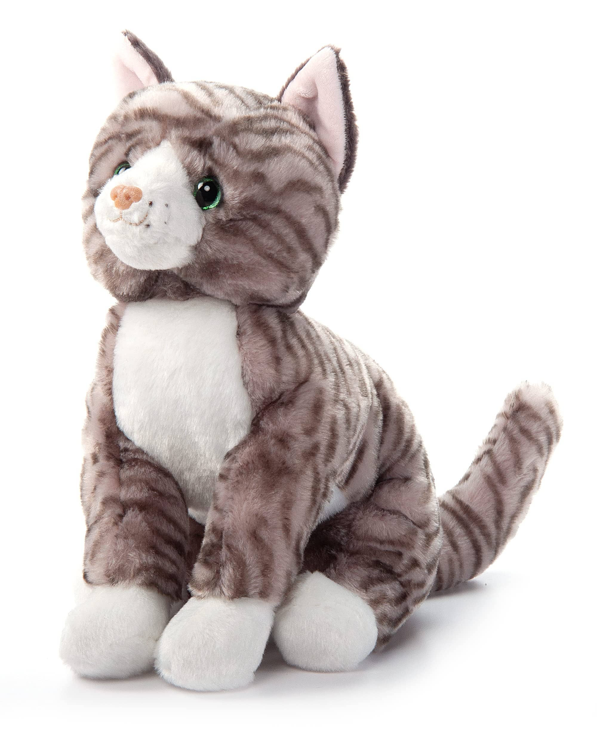 The Plush: Grey Tabby Cat 12 Tall Stuffed Animal sits upright with grey and white striped fur, green eyes, a pink nose, and is made from soft recycled materials.