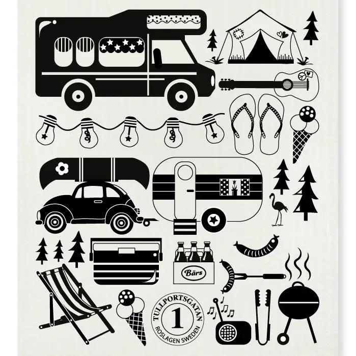 A black and white graphic showcases a camper van, tent, car, cooler, guitar, flip-flops, ice cream, and barbecue. Nearby are sustainable Camping Swedish Dish Cloths hanging beside the grill. Fairy lights illuminate a deck chair and beverage bottles are scattered around the scene.