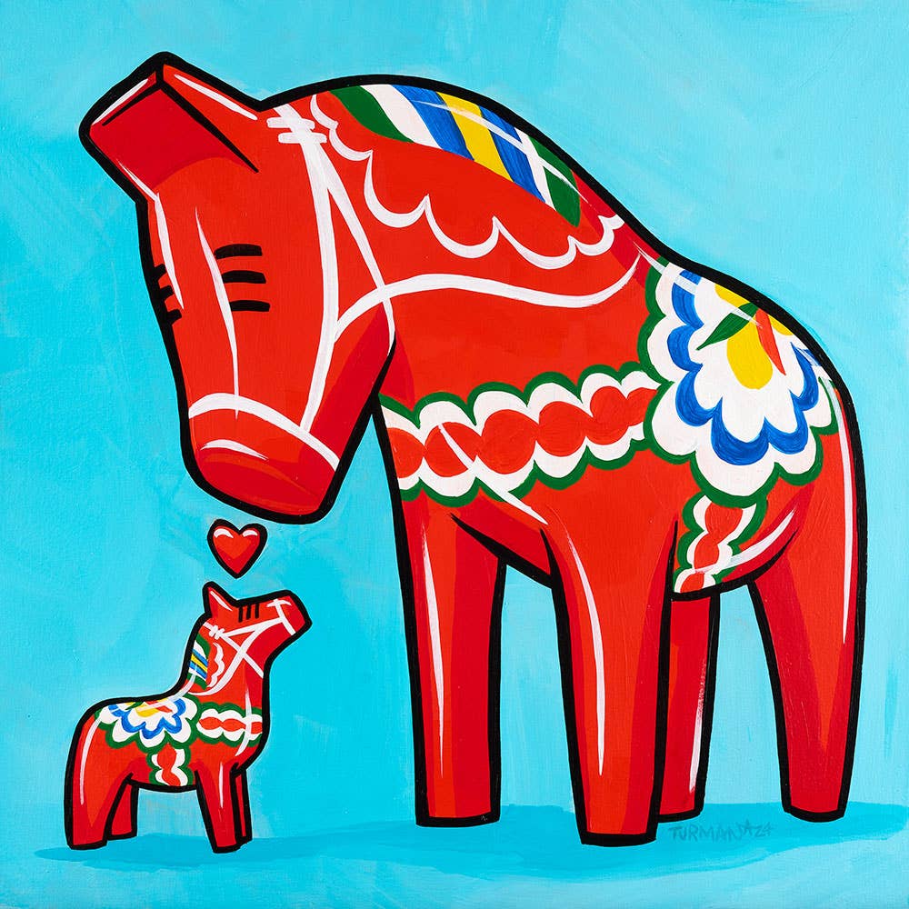 The Dala Horses Art Print: 12x12 by Adam Turman features two stylized red horses, large and small, against a blue background with multicolored patterns and a heart shape. This art print is ideal for adding a touch of Scandinavian decor to any space.