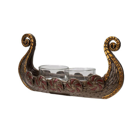 Candle Holder: Viking Ship Votive - Tea Lite Candle Holder - Bronze Resin with Two Glass Tea Lite Holders
