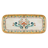 Rectangular melamine tray with a yellow border, decorated with folk art floral patterns in red, teal, and green inspired by Scandinavian design.