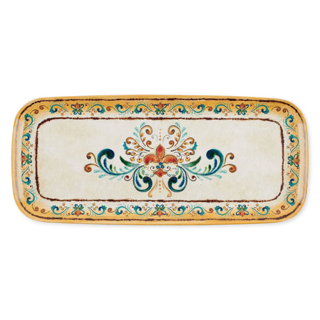 Rectangular melamine tray with a yellow border, decorated with folk art floral patterns in red, teal, and green inspired by Scandinavian design.