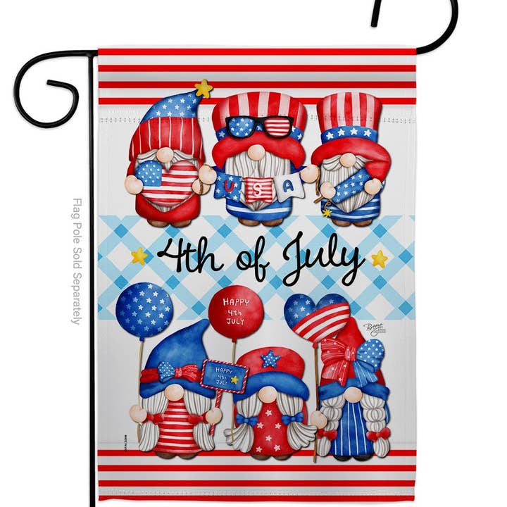 The Flag: July 4th Gnome Americana Fourth of Decor Flag showcases six gnomes in red, white, and blue with 4th of July text—ideal for bringing patriotic charm to your Independence Day celebrations.