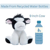 A Wild Onez Cow Stuffed Animal by The Petting Zoo, measuring 8 inches (20cm), sits next to a water bottle. Text reads Made From Recycled Water Bottles and 8 Inch Cow, highlighting this eco-friendly plush crafted from recycled materials.