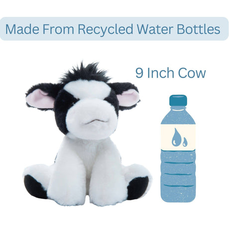 A Wild Onez Cow Stuffed Animal by The Petting Zoo, measuring 8 inches (20cm), sits next to a water bottle. Text reads Made From Recycled Water Bottles and 8 Inch Cow, highlighting this eco-friendly plush crafted from recycled materials.