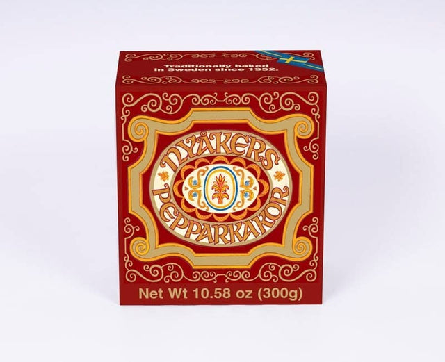 Nyakers Original Gingersnaps, a traditionally baked Swedish delight, come in a red box and weigh 300g.