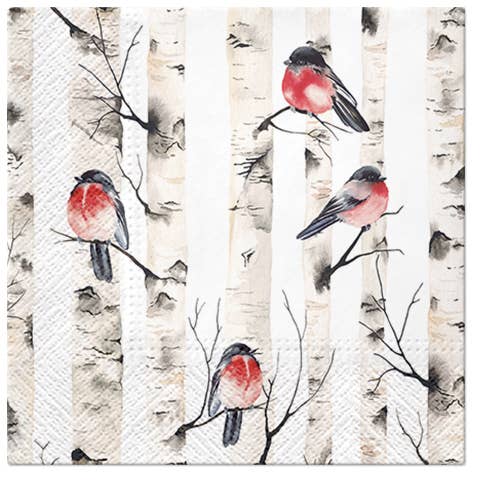 Illustration of four red-breasted birds perched on branches amidst a birch tree setting, embodying the festive spirit of the holiday season, featured on the Birds in Birch Tree Napkins.