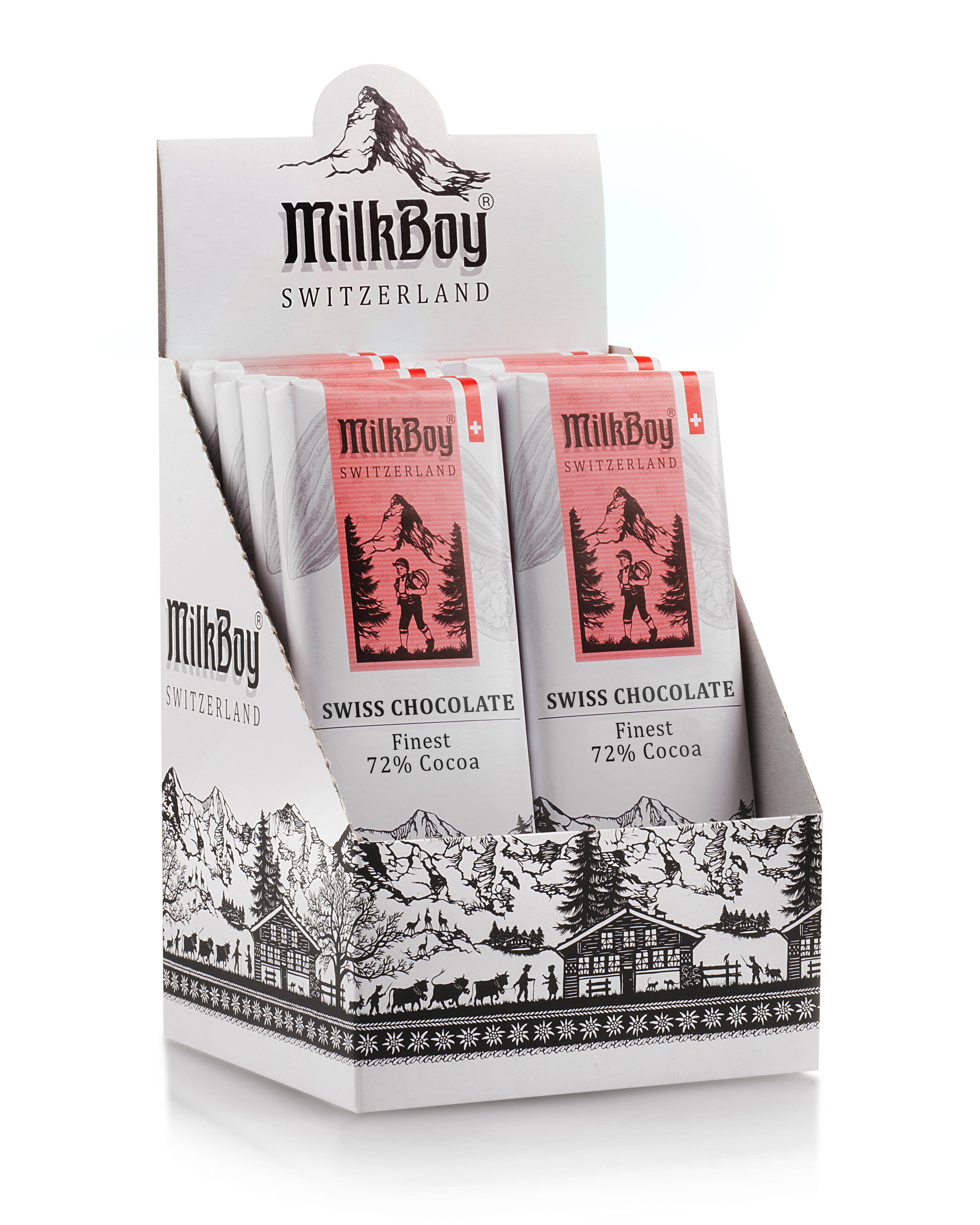 A display box of MilkBoy Finest 72% Cocoa Snack Size Bars 1.4oz, featuring mountain and cabin designs on the packaging and box.