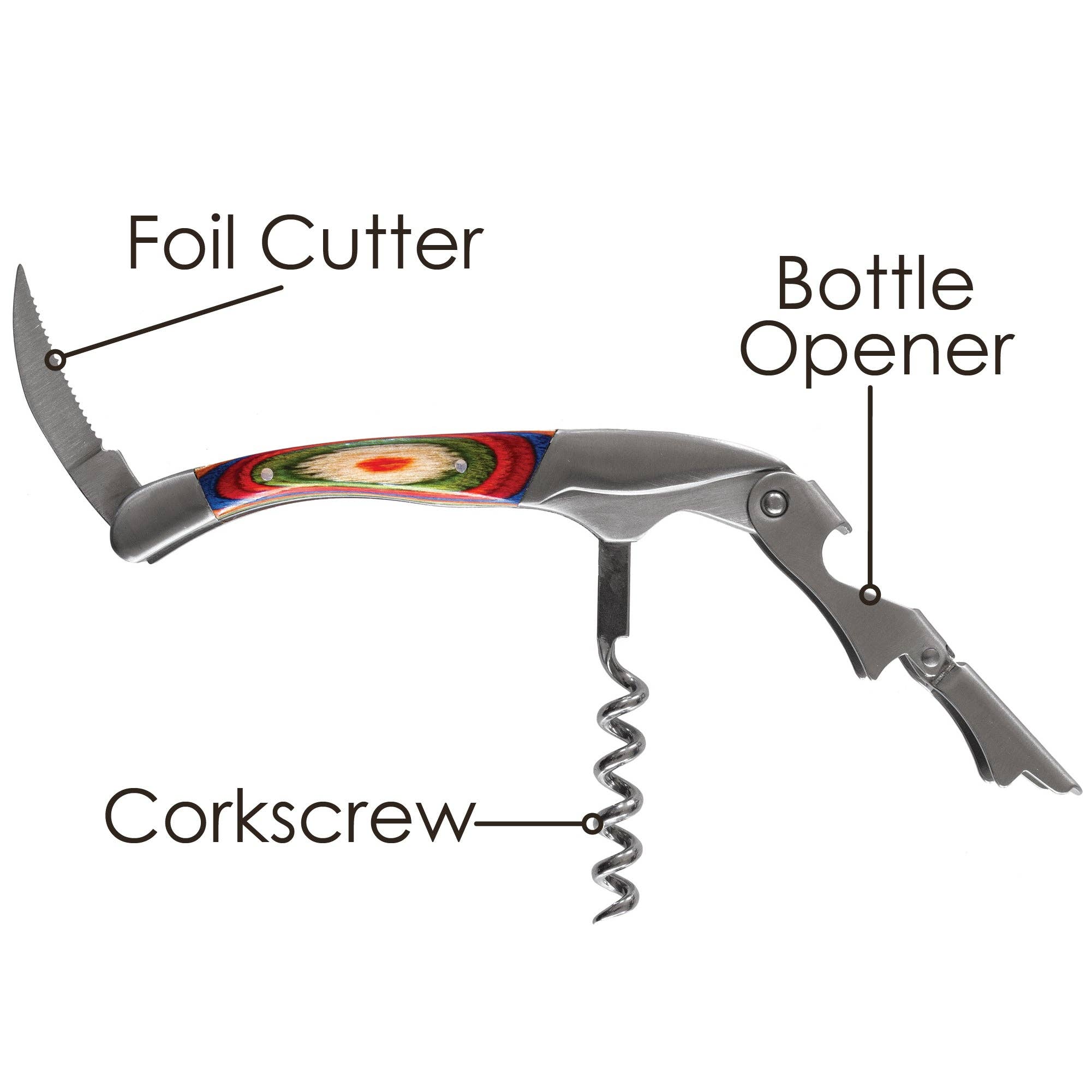 The Marrakesh Collection Waiter's Friend Corkscrew is a versatile tool with labeled components including a foil cutter, corkscrew, and bottle opener, making it your ideal companion for effortlessly enjoying a perfect glass of wine.