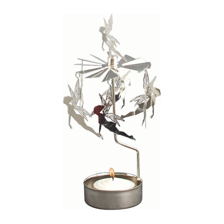 Introducing the Candle Holder: Fairy Rotary, an enchanting Anglaspel with fairy-shaped metal cutouts. This spinning candle holder is powered by the heat from a tealight candle below.