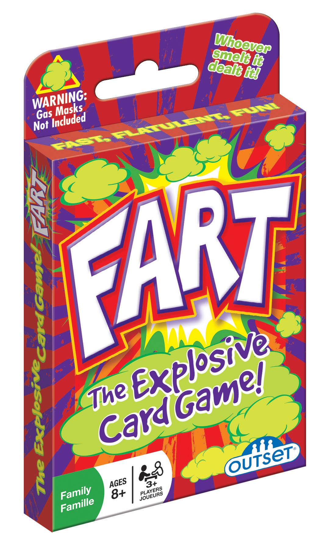 Vibrant packaging for Playing Cards: Fart Card Game showcases cartoon gas clouds. Suitable for ages 8+, accommodating 3-6 players. Enjoy this flatulent adventure, but remember: gas masks are not included!.