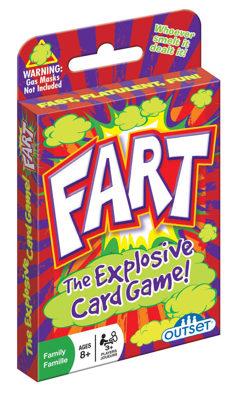 Vibrant packaging for Playing Cards: Fart Card Game showcases cartoon gas clouds. Suitable for ages 8+, accommodating 3-6 players. Enjoy this flatulent adventure, but remember: gas masks are not included!.