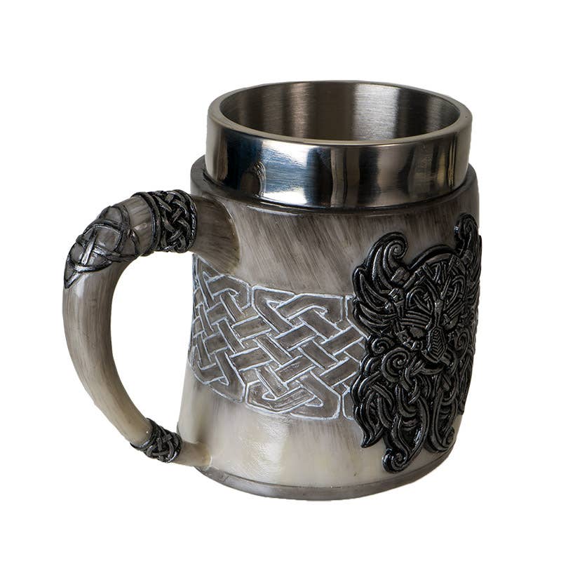 The Mug: Viking Odin's Horn Drinking Mug features a tankard shape, horn-like exterior, Celtic knotwork, and a dark metal wolf design—perfect as a novelty gift inspired by Odin’s Horn.