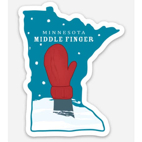 High-quality illustration of Minnesota depicted as a mittened hand giving the middle finger, labeled "Sticker: MN Middle Finger Snow," with snowflakes falling against a blue backdrop. It perfectly embodies the distinctive mix of Minnesota Nice and winter resilience.