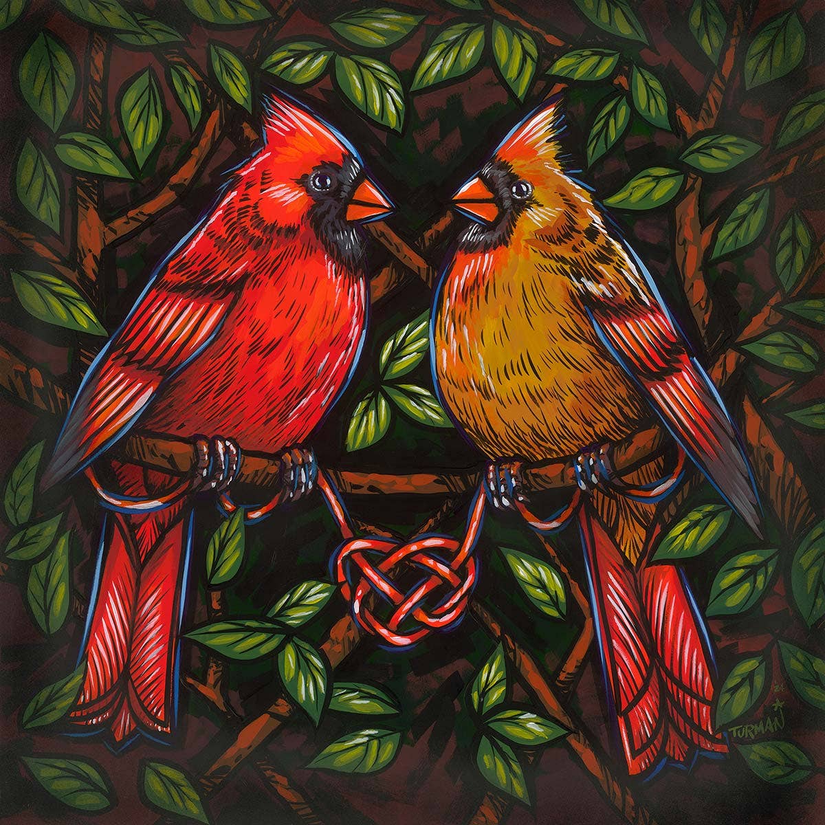 Illustrated red male and orange female cardinals perch on branches with lush leaves; their feet form a heart—a captivating detail in the 12x12 Love Me Knot Art Print by Adam Turman, rendered with exquisite archival pigment inks.