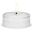 Flameless LED tea light candle inside a round glass holder.