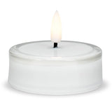 Flameless LED tea light candle inside a round glass holder.