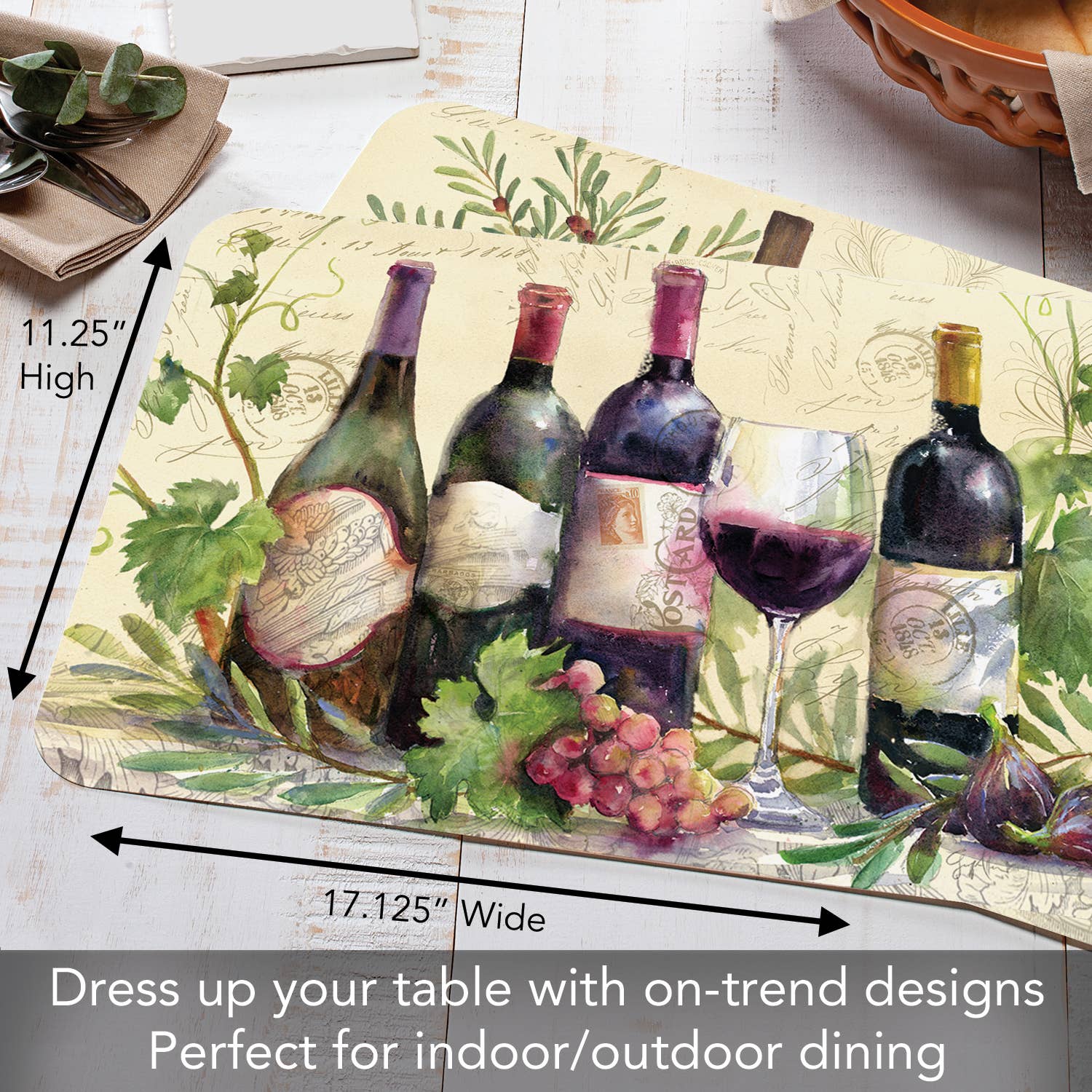 Introducing the Rustic Wine Reversible Rectangular Plastic Placemat: This BPA-free placemat showcases a charming wine theme with illustrations of wine bottles, a glass of red wine, grapes, and figs on a wooden table. Sized at 11.25 x 17.125 inches, it's ideal for easy care in both indoor and outdoor dining settings.