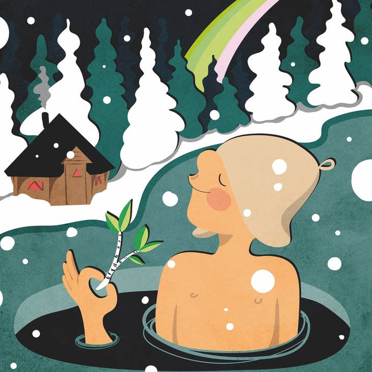 This oversized "Sisu Since 1917 - Come to Sweden" postcard, measuring 7.25" x 4.65", is crafted in Finland by Mareike Mosch and beautifully depicts a person in a hat enjoying an icy bath while holding a branch, set against the serene winter scene of snow-laden trees and a cozy smoke-emitting cabin.
