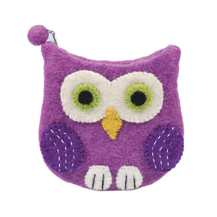 Introducing a delightful Bag: Felted Wool Owl-Shaped Cosmetic Bag or Coin Purse in purple, featuring green and white eyes, a yellow beak, and beautifully intricate stitched details.