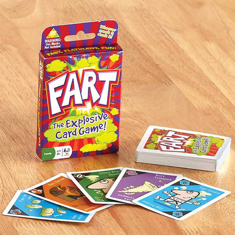 Playing Cards: Fart Card Game is displayed with the box open, showcasing several illustrated and humorous cards, offering entertaining flatulent fun.