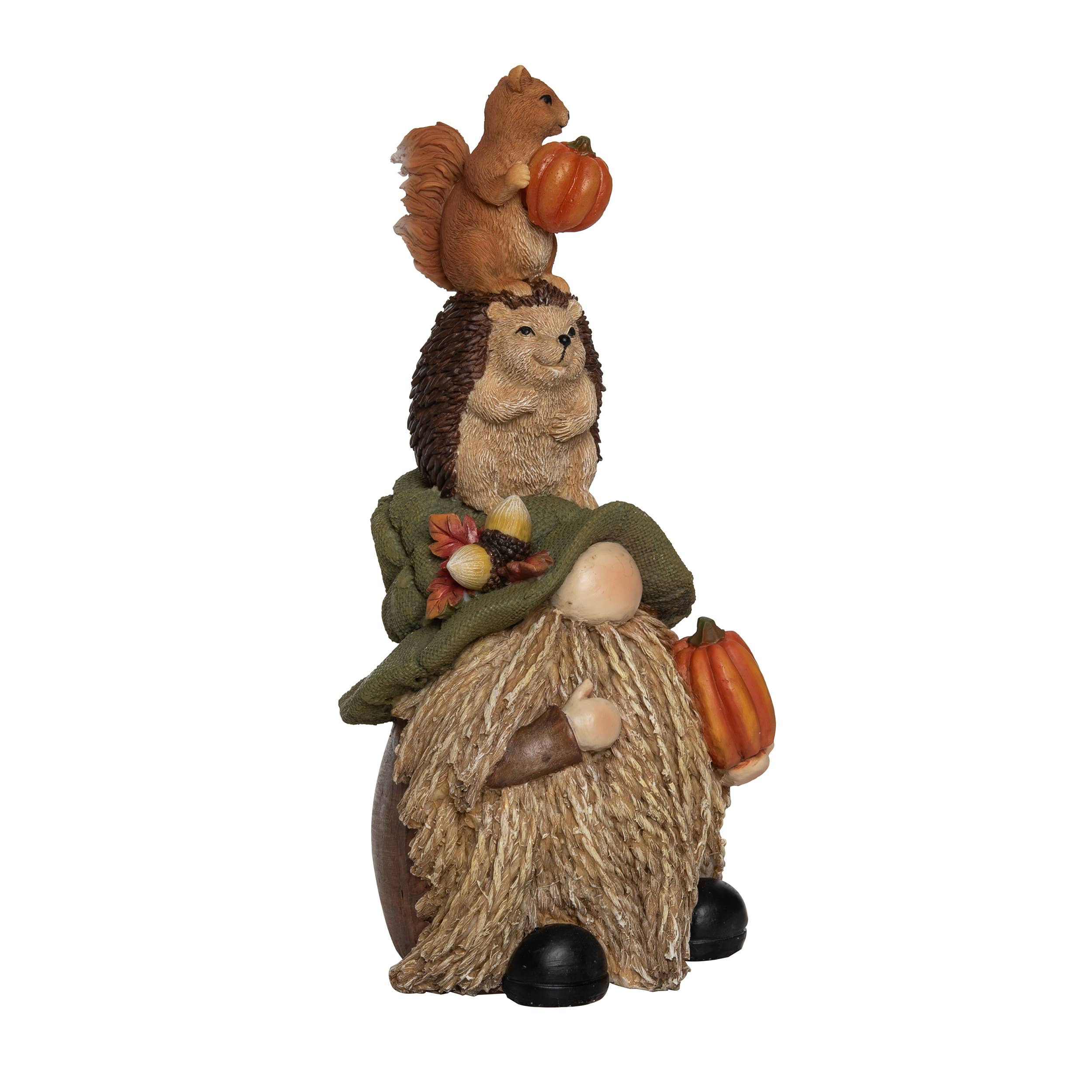 The 11 Light Up Braided Beard Woodland Gnome Friends Decor features a gnome holding a pumpkin, with a hedgehog and squirrel on top, each clutching pumpkins.