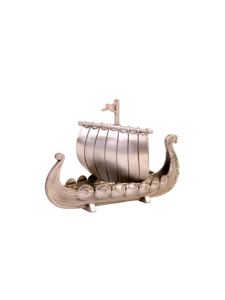 Crafted in Norway, this pewter Viking ship figurine showcases intricate details with its majestic sail and gracefully curved prow and stern—an ideal masterpiece for any Viking enthusiast.