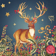 Add a touch of elegance to your holiday gatherings with the Boston International Napkins: Opulent Deer Blue Christmas Cocktail Napkins 20ct. Featuring an ornate deer adorned with Christmas holly, berries, a red bow, and elaborate antlers standing amidst festive foliage and red berries beneath golden stars on a rich blue background, these napkins are perfect for elevating your seasonal celebrations.