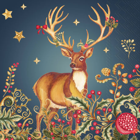 Add a touch of elegance to your holiday gatherings with the Boston International Napkins: Opulent Deer Blue Christmas Cocktail Napkins 20ct. Featuring an ornate deer adorned with Christmas holly, berries, a red bow, and elaborate antlers standing amidst festive foliage and red berries beneath golden stars on a rich blue background, these napkins are perfect for elevating your seasonal celebrations.