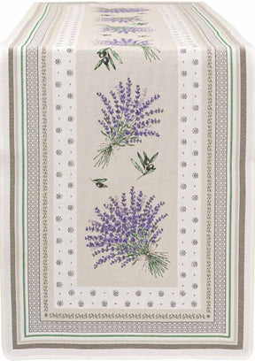 Rectangular beige table runner with green borders and decorative lavender and olive motifs along the edges.