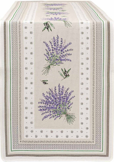 Rectangular beige table runner with green borders and decorative lavender and olive motifs along the edges.