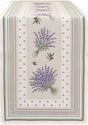 Rectangular beige table runner with green borders and decorative lavender and olive motifs along the edges.