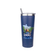 The Abbey Road Minnesota State 22 Oz Stainless Tumbler by Adam Turman features a blue finish, metal lid and straw, and an illustration of people and dogs hiking on a bridge amid trees and mountains.