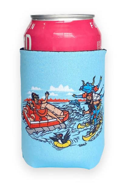 A pink soda can fits snugly in the Can Cozy: Pontoon Daze, crafted from durable neoprene material. This cozy showcases a cartoon of people water skiing and boating, capturing the essence of lakeside living.