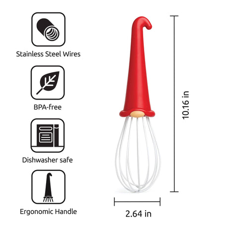 Meet the Gnome Wire Whisk by OTOTO—a charming kitchen companion for every home chef! Featuring sturdy stainless steel wires, a comfortable ergonomic handle, and a playful red-and-white gnome design, this BPA-free and dishwasher-safe whisk makes blending batter or whipping cream easy and fun. Shown with icons highlighting its labeled features, this truly giftable baking tool measures 10.16 inches tall and 2.64 inches wide—perfect for elevating your cooking experience with a touch of whimsy.