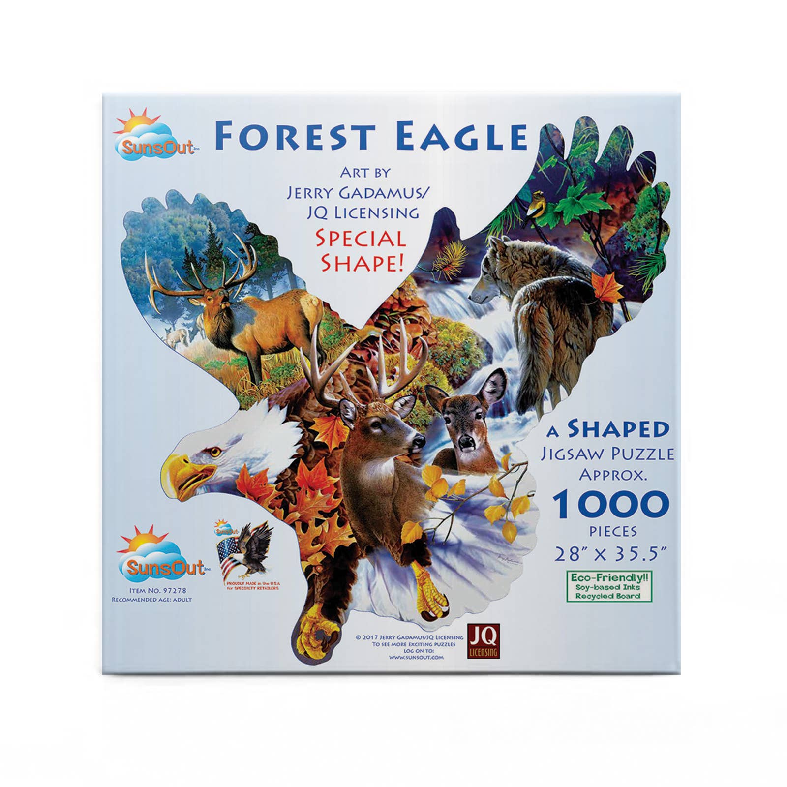 Experience the stunning wildlife artwork by Jerry Gadamus with the Forest Eagle shaped jigsaw puzzle. This 1,000-piece puzzle is ideal for nature lovers and puzzle enthusiasts, measuring 28 x 35.5 inches and packaged in an eco-friendly box.